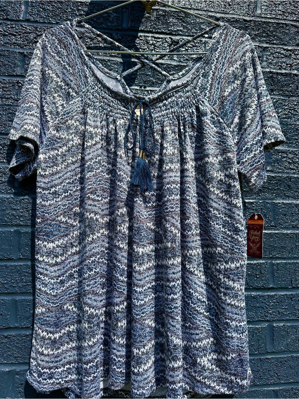 2XL Women's Blue Patterned Short-Sleeve Peasant Top with Tassel Tie